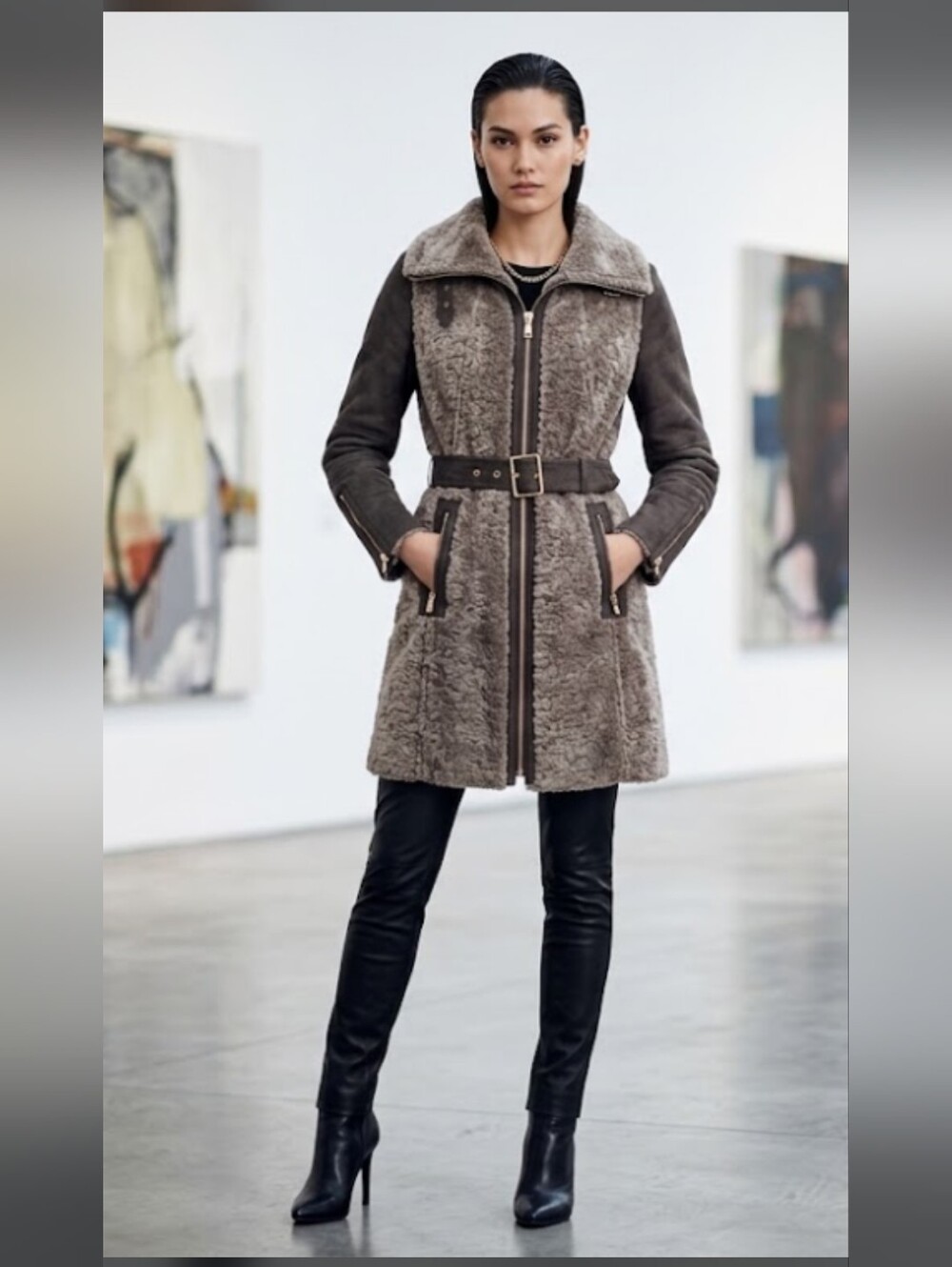 Vince Camuto Faux Shearling & Suede Belted Coat XS